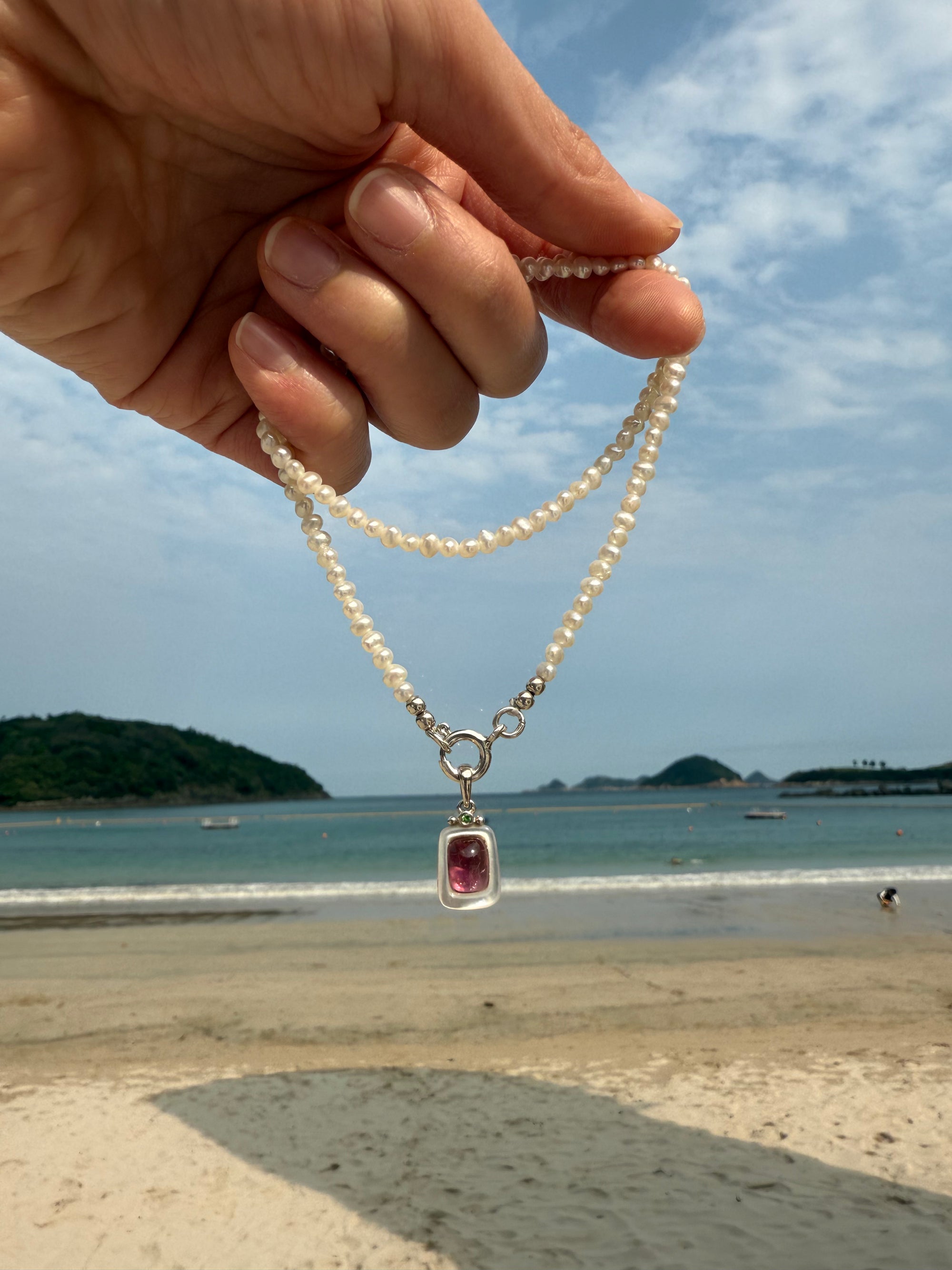925 Sterling Silver White Mother of Pearl Tourmaline Square Pendant - Pollygems HK