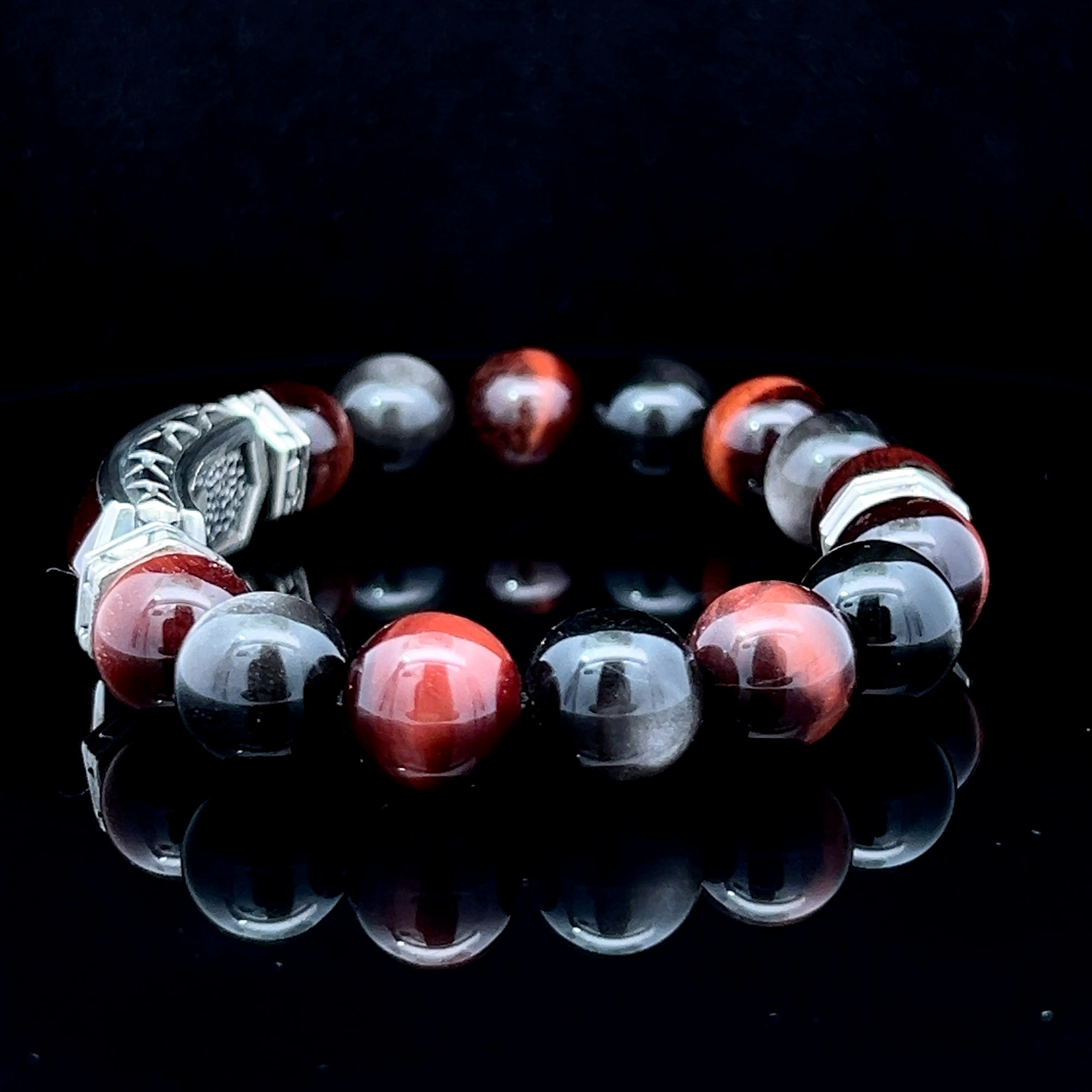 MAXI Red Tiger Eye with 12mm Red Tiger Eye &amp; Silver Obsidian - Pollygems HK