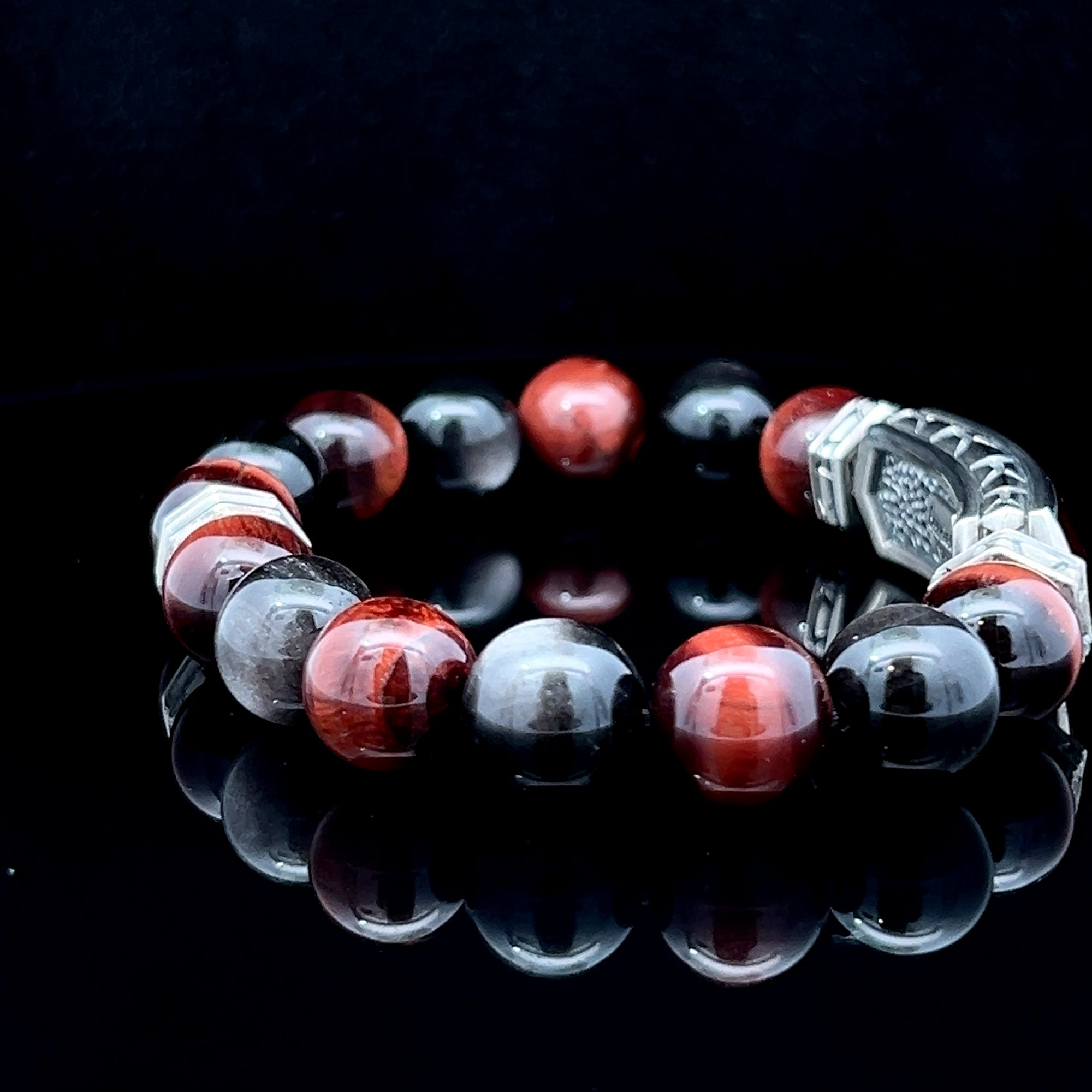 MAXI Red Tiger Eye with 12mm Red Tiger Eye &amp; Silver Obsidian - Pollygems HK
